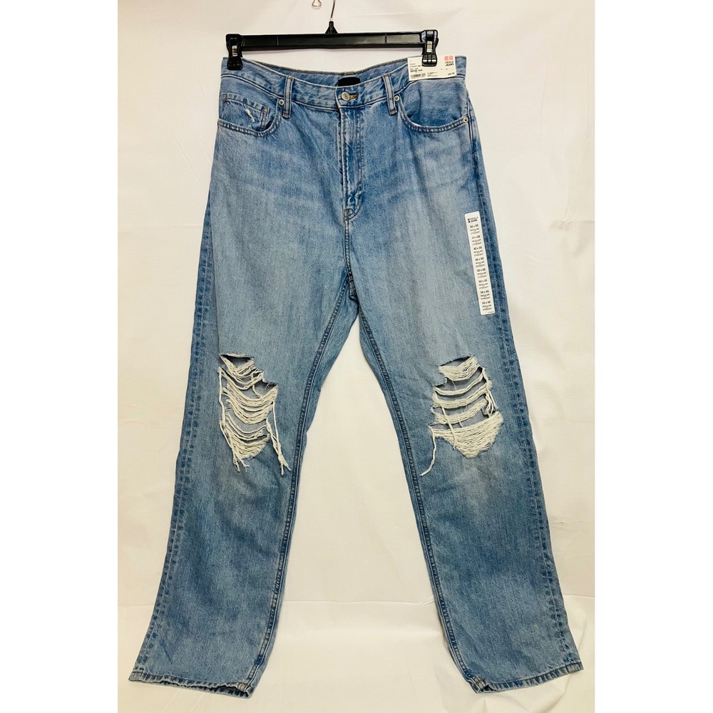Uniqlo Straight High Rise Jeans Womens 32x32 Light Blue NWT Distressed Denim